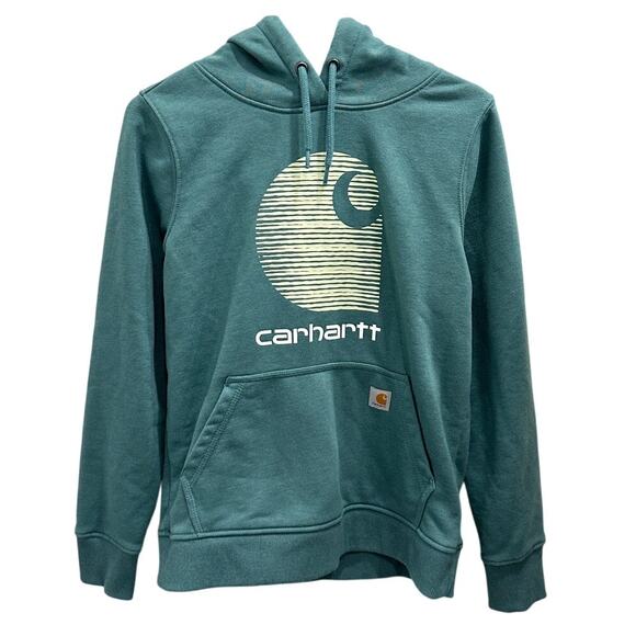 Carhartt Rain Defender Relaxed Fit Midweight Logo Graphic Hoodie Teal Workwear - Picture 2 of 8